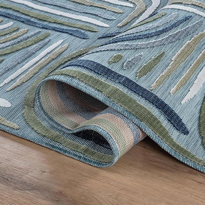 CAMILSON Indoor Outdoor Rug, Aqua 6x9 Geometric Arch Striped Area Rugs for Patio and Home Areas, Easy-Cleaning Non-Shedding Living Room, Garden and Deck Washable Outside Carpet (6 x 9)
