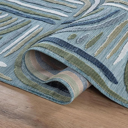 CAMILSON Indoor Outdoor Rug, Aqua 6x9 Geometric Arch Striped Area Rugs for Patio and Home Areas, Easy-Cleaning Non-Shedding Living Room, Garden and Deck Washable Outside Carpet (6 x 9)