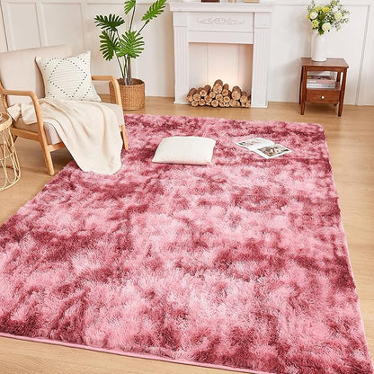 Andency Soft Area Rugs for Living Room Bedroom, 4x6 Fluffy Shaggy Bedside Rug, Non-Slip Large Shag Fuzzy Plush Carpets for Bedroom Kids Dorm Nursery Home Decor Aesthetic, Tie-Dyed Dark Red