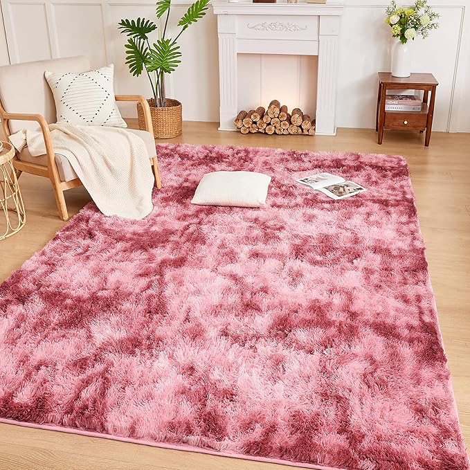 Andency Soft Area Rugs for Living Room Bedroom, 5x8 Fluffy Shaggy Bedside Rug, Non-Slip Large Shag Fuzzy Plush Carpets for Bedroom Kids Dorm Nursery Home Decor Aesthetic, Tie-Dyed Dark Red