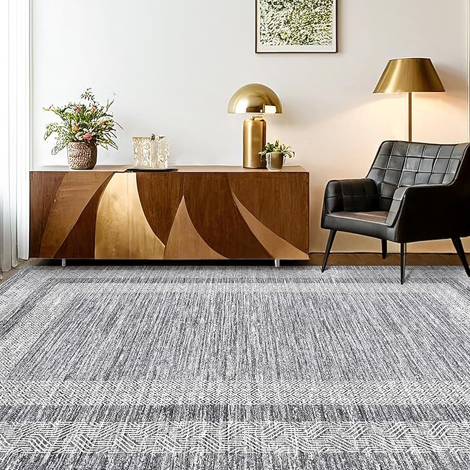 GarveeHome 9x12 Large Modern Gray Area Rug Distressed Bordered Rug Soft Non Shedding Floor Carpet, Geometric Rug, Washable Non Slip Rug, Low Pile Indoor Area Rug for Living Room, Bedroom