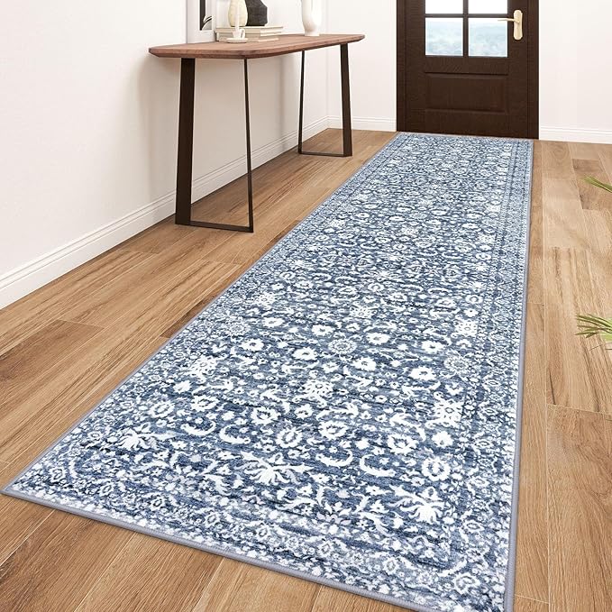 Vintage Runner Rug 3x10, Light Blue White Washable Kitchen Runner Non-Slip Soft Hallway Rug Runner Floral Thin Print Faux Wool Carpet for Entryway Bedroom Laundry Room Indoor Home Office Decor