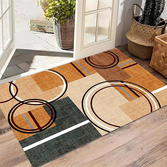 Modern Wavy Circles Area Rug 4x5ft, Geometric Design Low Pile Carpet, Soft & Non-Slip Washable Mat for Living Room, Bedroom, Dining Room