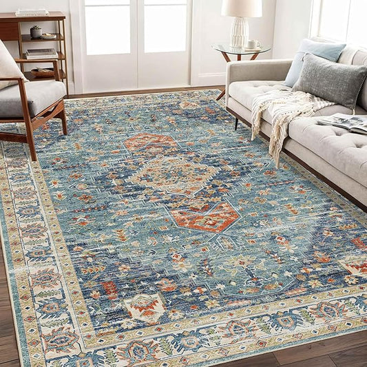 Enkor Area Soft Rugs 5x7 Washable Non Slip Boho Floor Rugs for Living Room Bedroom, Vintage Style Farmhouse Mat for Kitchen Entryway Green & Blue
