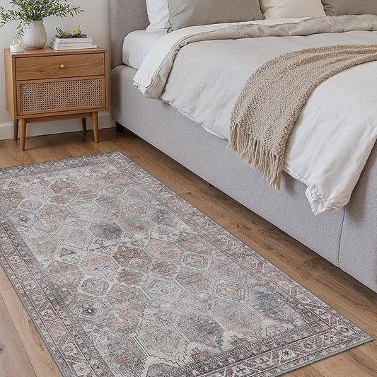 Bavni 2x3 Entryway Rug Bathroom Rugs for Front Door Bedroom Bathroom Kitchen, Washable Vintage Print Carpet, Ultra-Thin Chenille Lightweight Rug with Non Slip Backing, Retro Grey