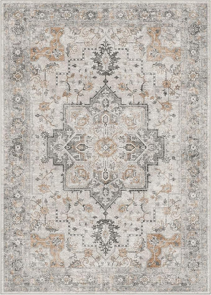 GENIMO 29"x17" Area Rugs for Living Room, Machine Washable Non Slip Vintage Rugs, Low Pile Soft Chenille Print Rug for Bedroom, Dining Room, Home Office, Light Taupe Brown