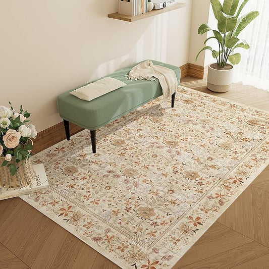 DUKINO 3x5 Area Rug, Vintage Floral Washable Rug for Bedroom with Non Slip Design, Soft Low Pile Indoor Small Carpet for Bedroom, Farmhouse, Living Room, Office, Bathroom, Beige