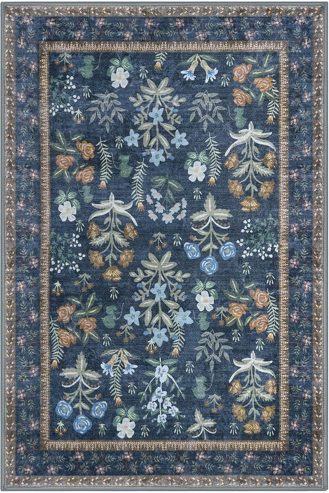 Boho Entryway Rug 2x3 Washable, Navy Floral Kitchen Rug, Super Thin Faux Wool Small Area Rug, Non-Slip Soft Carpet for Foyer, Bedroom, Office