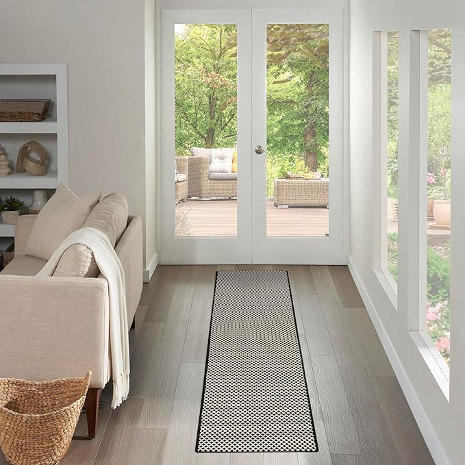Nourison Home Courtyard Black White 2' x 6' Area Rug - Easy Clean, Non Shedding, Bed Room, Living Room, Dining Room, Kitchen (6' Runner)