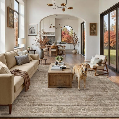 HUGEAR Washable 8x10 Area Rugs Retro Brown Living Room Bedroom Rug Vintage Distressed Non Slip Stain Resistant Low Pile Neutral Throw Carpet for Home Decor