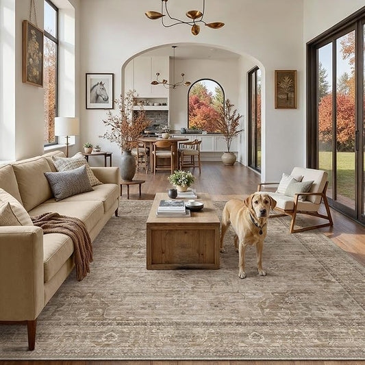 HUGEAR Washable 8x10 Area Rugs Retro Brown Living Room Bedroom Rug Vintage Distressed Non Slip Stain Resistant Low Pile Neutral Throw Carpet for Home Decor