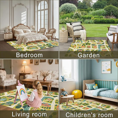 Cute Map Cars Washable 5x7 Area Rugs for Living Room, Thin Low Pile Contemporary Carpet, Non-Slip Base Lightweight Rug