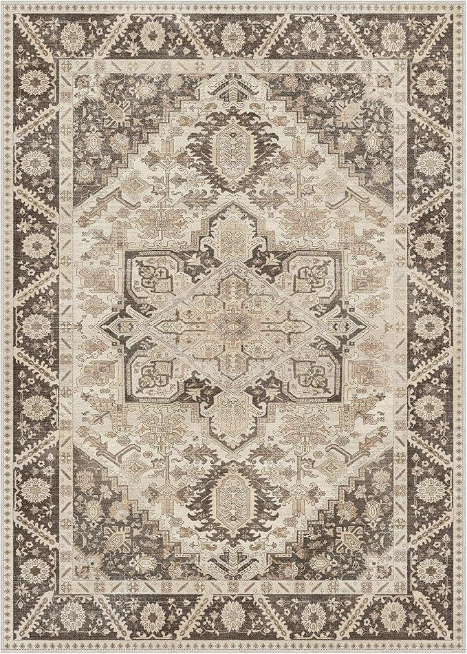 5x7 Area Rug Machine Washable Boho Rug for Living Room,Ultra-Thin Low Pile Carpet,Lightweight Indoor Printed Rug,Non Slip Floral Area Rug for Bedroom, Dining Room, Home Office,Brown