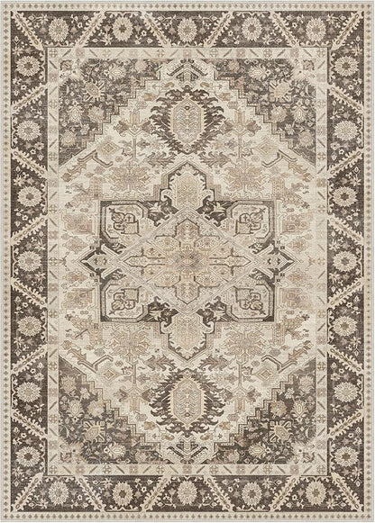 5x7 Area Rug Machine Washable Boho Rug for Living Room,Ultra-Thin Low Pile Carpet,Lightweight Indoor Printed Rug,Non Slip Floral Area Rug for Bedroom, Dining Room, Home Office,Brown