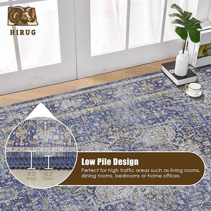 Washable Area Rug 5' x 7' Vintage Traditional Persian Mat - Foldable Distressed Non-Slip Machine Washable Carpet for Living Room Bedroom Kitchen Home Decor - Indigo and Gold