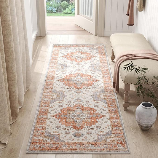jinchan Runner Rug 2x5 Vintage Hallway Rug Boho Washable Runner Floral Medallion Retro Lightweight Non Slip Classic Thin Soft Carpet for Kitchen Bedroom Bathroom Laundry Room Doorway Brick Red
