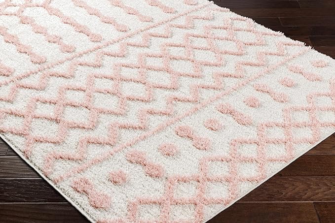 Hauteloom Tilos Moroccan Farmhouse Hallway, Entryway Shag Runner Rug - Shaggy Long Runner Rug - Trellis Pattern - High Plush Pile - Cream, Pink, Beige - 2'7" x 7'3"