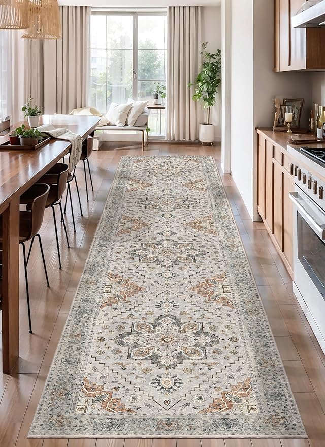 Tangsoo 2x10 Washable Runner Rug for Hallways, Non Slip Vintage Runner Rug, Soft Low Pile Long Runner, Print Distressed Grey Carpet Runners for Kitchen Bedroom Entryway Bathroom Living Room