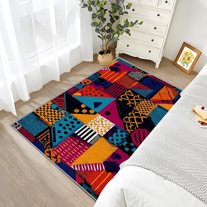 Patchwork Living Room Rug - Geometric Abstract Rug, 7x9 Area Rugs, Multicolor Retro Aesthetic Washable Foldable Large Carpet Home Decor #C024