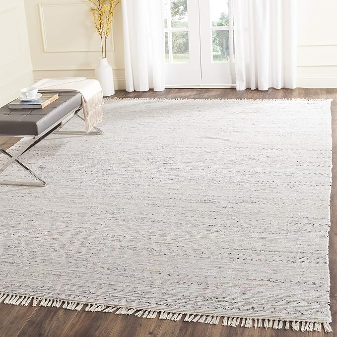 SAFAVIEH Rag Rug Collection Area Rug - 7' Square, Ivory & Multi, Handmade Boho Stripe Cotton, Ideal for High Traffic Areas in Living Room, Bedroom (RAR121G)