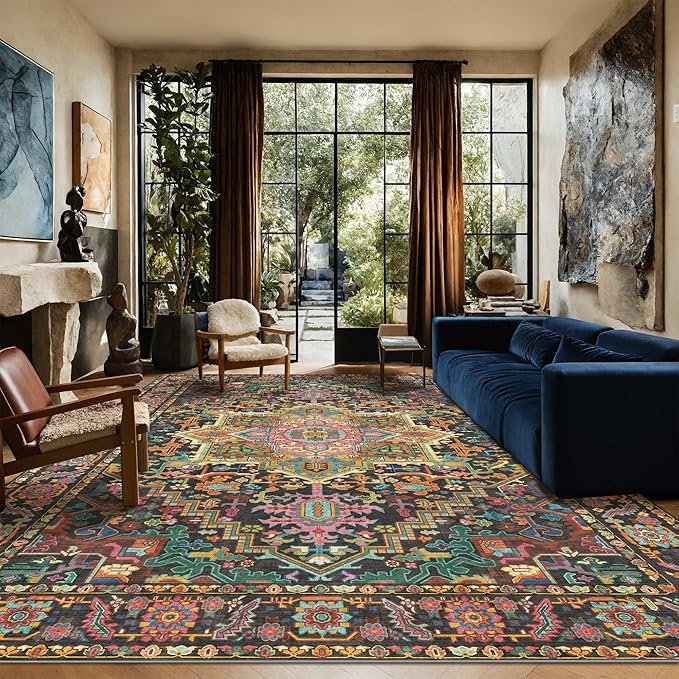 Kokia 9x12 Washable Black and Pink Area Rugs with Vintage Orient Design, Soft Rug for Living Room or Bedroom, Non-Slip Low Pile Stain Resistance Features, Distressed Medallion Pattern