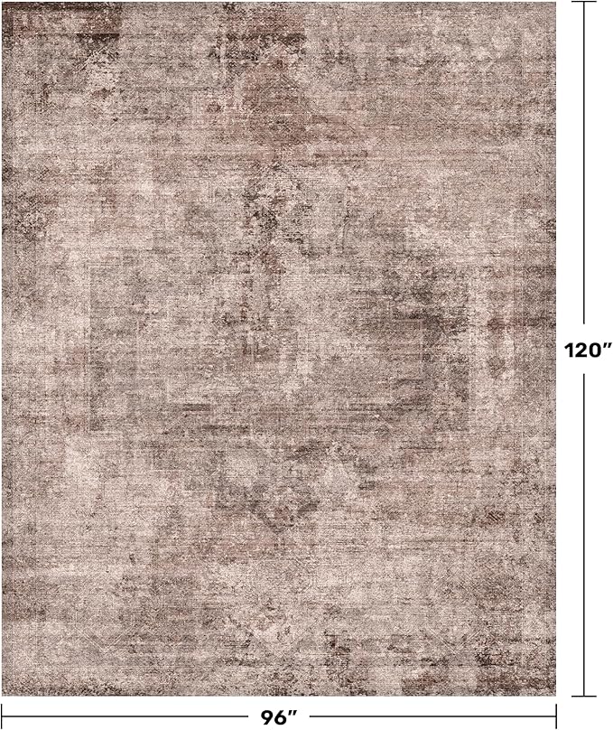 Brown Living Room Rug 8x10 - Retro Washable Rug for Dining Room, Fireplace, Bedroom, Non Slip Low Pile Abstract Warm Tan and Terracotta