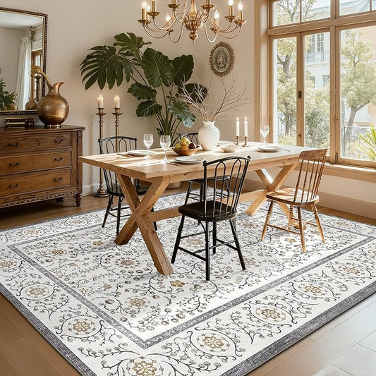 GarveeHome Boho 6x9 Area Rug for Living Room, Floral Vintage Rugs for Bedroom with Soft Low Pile, Non Slip Stain Resistant Botanical Washable Rug 6x9 for Dining Room Grey Carpet for Dorm Office