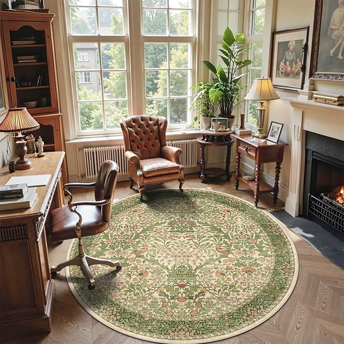 6ft Round Area Rugs for Living Room, Washable Floral Circle Rug Non Slip Low Pile, Vintage Boho Botanical Birds Throw Carpet for Farmhouse, Bedroom, Dining Room, Retro Pink/Green