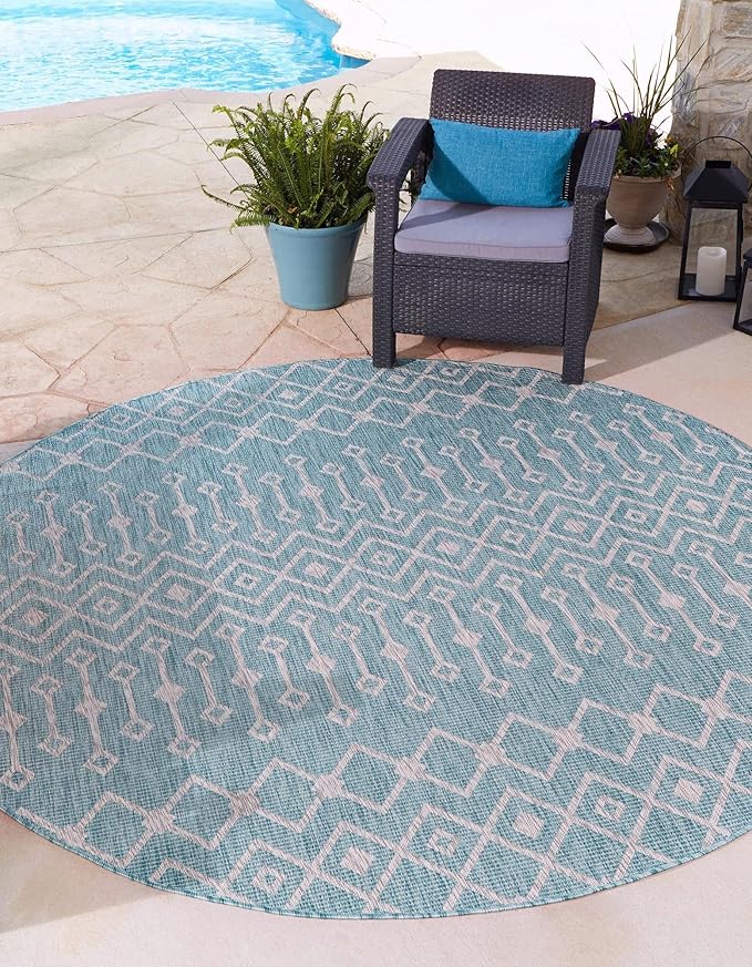 Unique Loom Outdoor Trellis Collection Area Rug - Tribal Trellis (7' 10" Round, Aqua/ Ivory)