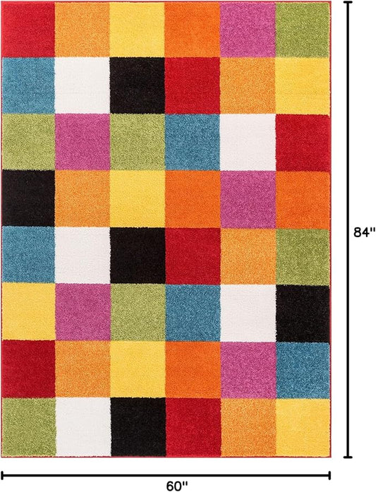 Well Woven Modern Rug Squares Multi Geometric 5' x 7' Area Rug Entryway Bright Kids Room Kitchn Bedroom Carpet Bathroom Soft Durable Area Rug