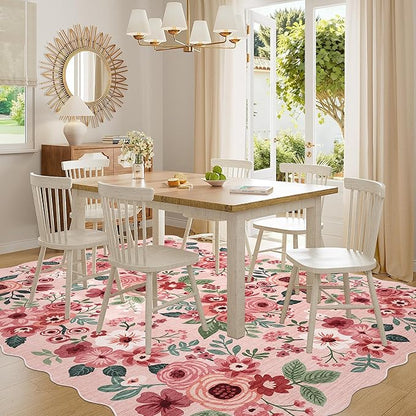 DUKINO 8x10 Area Rug, Floral Washable Rugs for Living Room with Non Slip Backing & Non-Shedding, Lightwight Low Pile Boho Design Large Carpets for Bedroom, Living Room, Dining Room, Pink