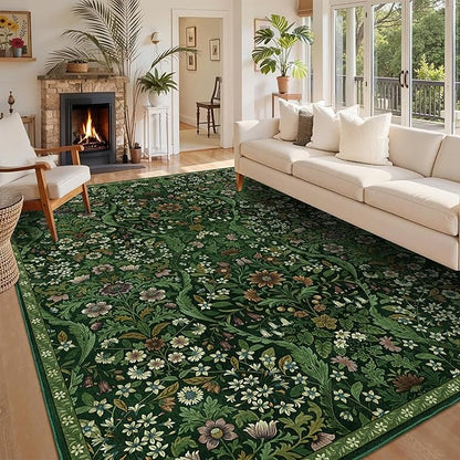 9x12 Dark Green Vintage Floral Area Rug,Washable Large Boho Living Room Rugs,Botanical Print Non-Slip Stain Resistant Lightweight Carpet for Bedroom Dining Room Nursery