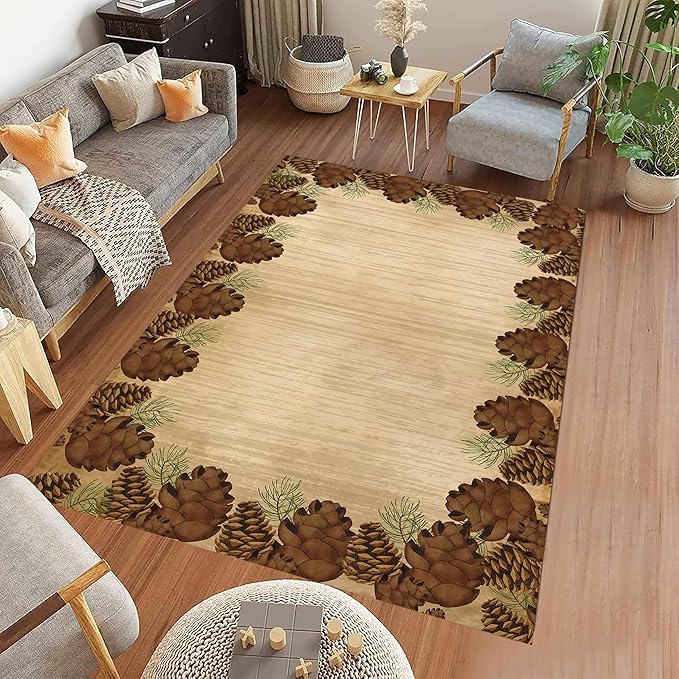 Rustic Lodge Brown Area Rug 6x8ft Pine Cone Leaf Botanical Print Home Decor Non Slip Washable Rug Pine Cones Area Rug Low Pile Thin Indoor Throw Carpet Rug for Laundry Dining Room Office