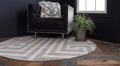 Unique Loom Athens Collection Classic Geometric Modern Border Design Area Rug (6' 0 x 6' 0 Round, Gray/ Beige)
