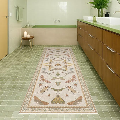 Boho 2x5 Long Bathroom Rug - Laundry Room Rug Runner for Kitchen, Washable Non Slip Soft Stain Reistant Beige and Yellow Neutral Insect Design Decor