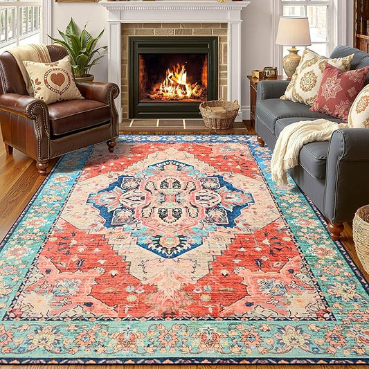 YJ.GWL Area Rugs for Living Room 4x6 Machine Washable Rugs for Bedroom, Non Slip Floral Vintage Rug Indoor Carpet, Stain Resistant Throw Rug for Dining Room Kitchen, Red Blue Gradient Color