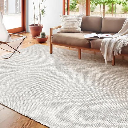 Handwoven Wool Cotton Blend Area Rug 8x10', Textured Popcorn Braided Ivory Rug, Soft Thick Farmhouse Contemporary Living Room Carpet, Neutral Modern Decorative Floor Rug