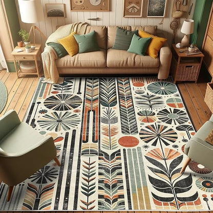 Ambesonne Bohemian Decorative Rug, Retro Mid Century Inspired Abstract Patterns on Ivory Background, Quality Carpet for Bedroom Dorm and Living Room, 2' x 5', Dark Orange and Reseda Green