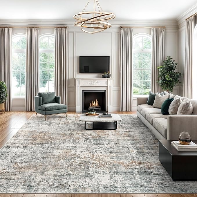 Abstract Rug 8x10 Large Living Room Rugs Neutral Modern Washable Area Rugs for Bedroom Dining Room Non-Slip Stain Resistant Foldable Thin Rug Orange Grey