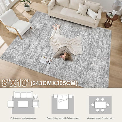 Area Rug Living Room Rugs - 8x10 Abstract Large Soft Indoor Washable Rug Neutral Modern Low Pile Carpet for Bedroom Dining Room Farmhouse Home Office - Vintage Grey