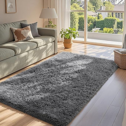 Ophanie 3x5 Rug, Bedside Preppy Dorm Area Rug, College Essentials Non Slip Grey Small Carpets for Bedroom, Anti Slip Fluffy Gray Living Room Rugs Home Decor Aesthetic, Nursery