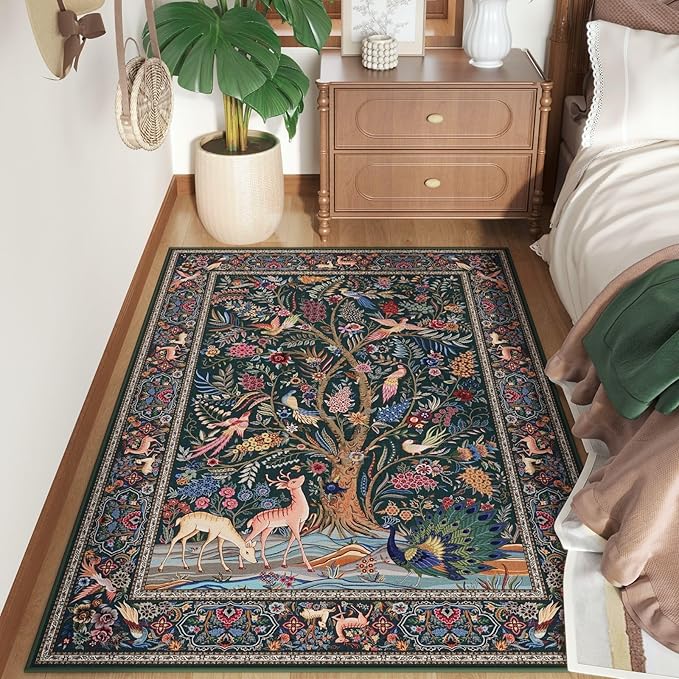 Rugcomf 3x5 Rug Vibrant Tree of Life-Patterned Vintage Non Slip Low Pile Small Carpet for Bedroom Bedside Kitchen Entryway Kids Room Office College Dorm Essentials for Girls, Green