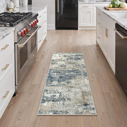GENIMO 2x4 Entryway Runner Rug, Washable Runners for Kitchen, Indoor Entrance, Bathroom, Low Pile Small Carpet with Non Slip Backing, Abstract Modern Design, Navy Blue