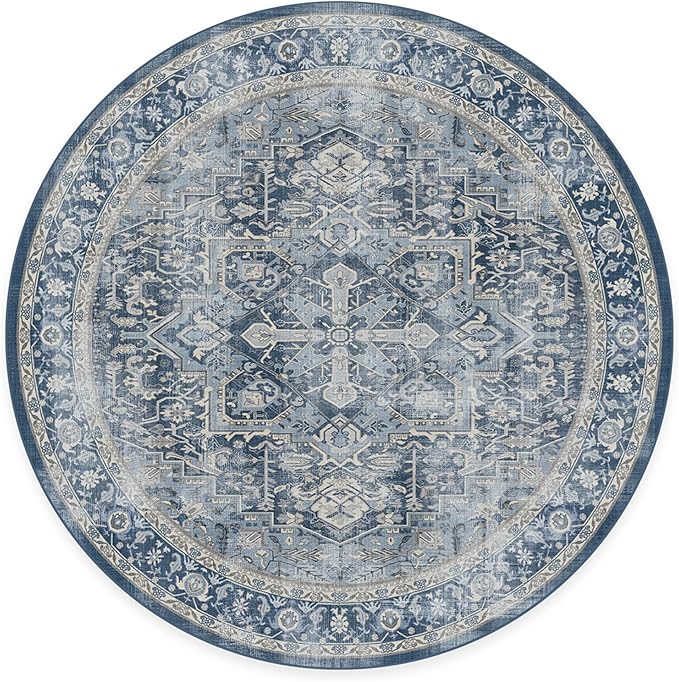 RUGGABLE Washable Area Rug – Kamran Admiral Blue 6 ft Round, Stain-Resistant, Non-Slip – Medium Machine Washable Rugs for Living Room, Bedroom, Hallway, Entryway & Office–with Cushioned Pad