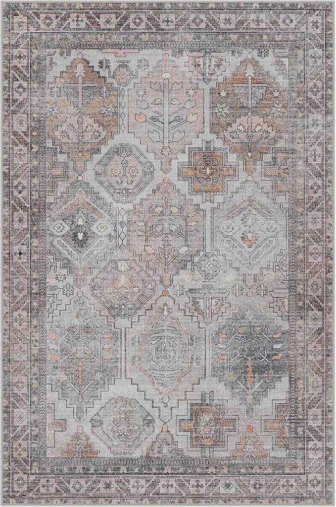 Bavni 2x3 Entryway Rug Bathroom Rugs for Front Door Bedroom Bathroom Kitchen, Washable Vintage Print Carpet, Ultra-Thin Chenille Lightweight Rug with Non Slip Backing, Retro Grey