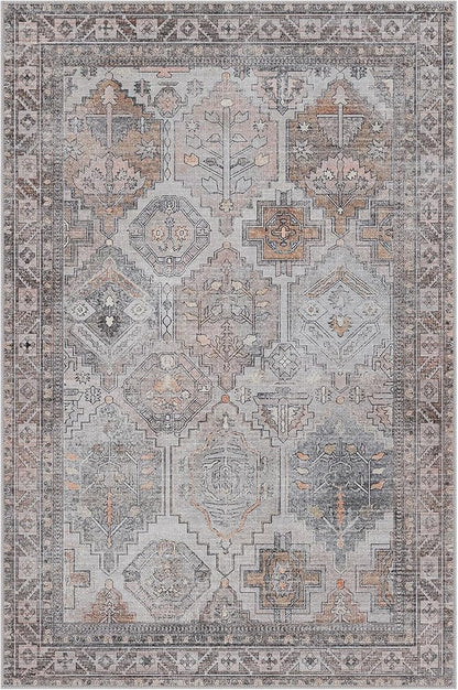 Bavni 2x3 Entryway Rug Bathroom Rugs for Front Door Bedroom Bathroom Kitchen, Washable Vintage Print Carpet, Ultra-Thin Chenille Lightweight Rug with Non Slip Backing, Retro Grey
