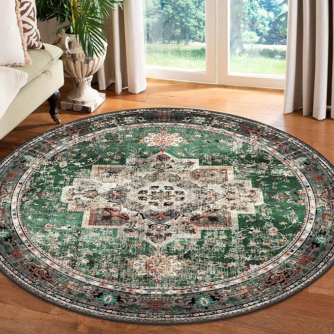 Round Rug 5ft for Bedroom, Green Washable Circle Rug Non-Slip Boho Area Rug 5' Round Carpet for Dining Room Kitchen Dorm Bathroom Low Pile Soft