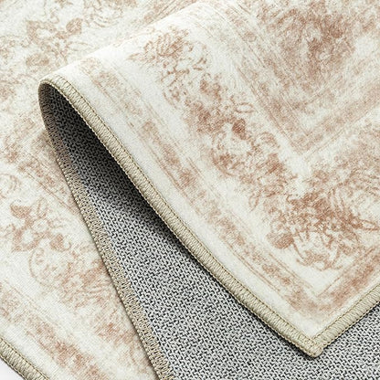 Runner Rug 2x10 Cream Hallway Washable Beige Carpet Non Slip Vintage Medallion Beige Carpet Low Pile Soft Distressed Retro Indoor Long Rug for Entryway Kitchen Bathroom Laundry Bedroom