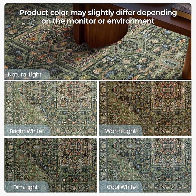 Kokia 8x10 Washable Area Rugs Dark Green with Vintage Orient Design Soft Rug for Living Room or Bedroom Non-Slip Low Pile Stain Resistance Features Distressed Medallion Pattern