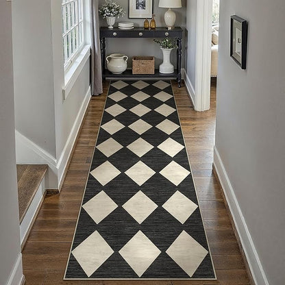 2x8 Runner Checkered Rug for Hallways Black Washable Long Carpet Non-Slip Low Pile Boho Indoor Accent Throw Rug for Entrance Kitchen Bedroom Dining Laundry